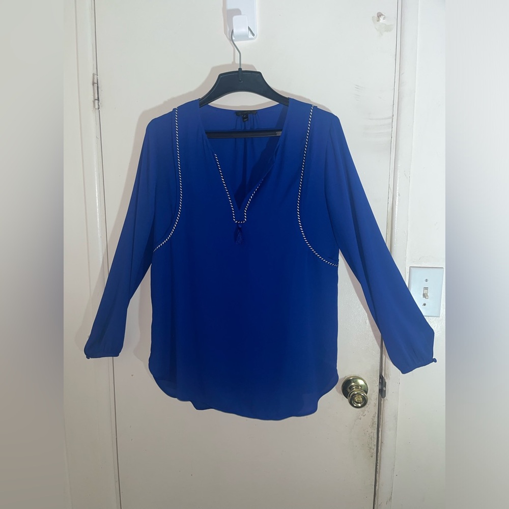 Royal Blue V-Neck Long Sleeve Relaxed Blouse